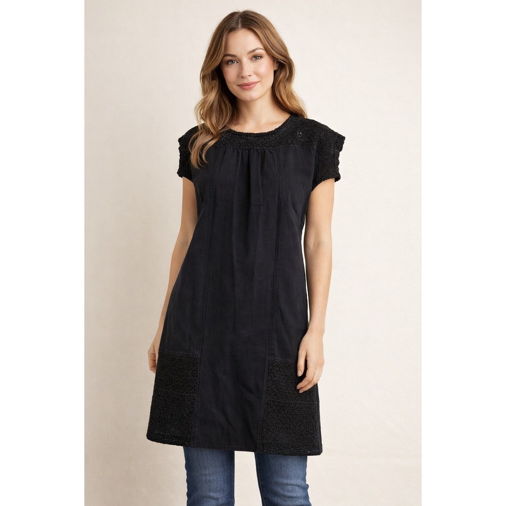 Girls from Savoy Dress Womens Black Linen Blend Crochet Lace Trim Shift Mini